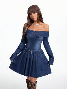 SHEIN EZwear 女士性感紧身弹力露肩牛仔迷你连衣裙 - 中等水洗藍 - 查看 5