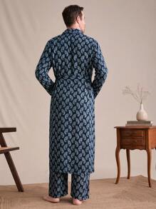EverLounge 男士佩斯利印花露营领拼布口袋系带长袍 - 彩色 - 查看 3