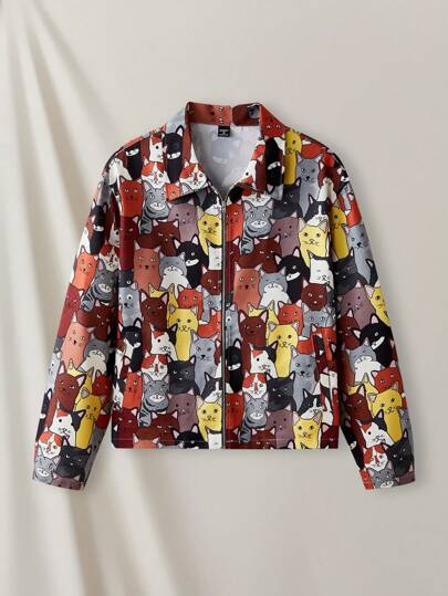 Manfinity VCAY 男士编织时尚休闲猫咪印花宽松都市长袖衬衫，送给朋友