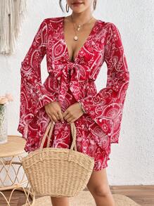 SHEIN VCAY Holiday Woven Printed V-Neck Front-Tie Jumpsuit Dress With Bell Sleeves For Women, Casual Women Dresses - Red and White - View 3
