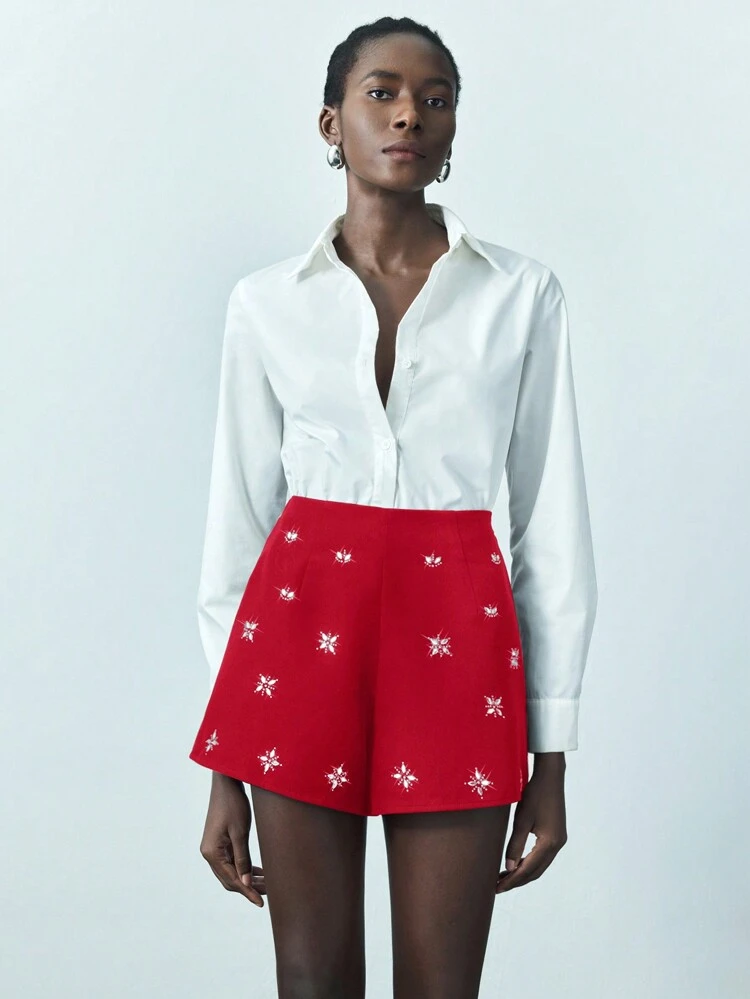 SHEIN Maija Women's Red Crystal Embellished Urban Design Casual/Business Shorts, Summer Fashion,Summer Clothes Women