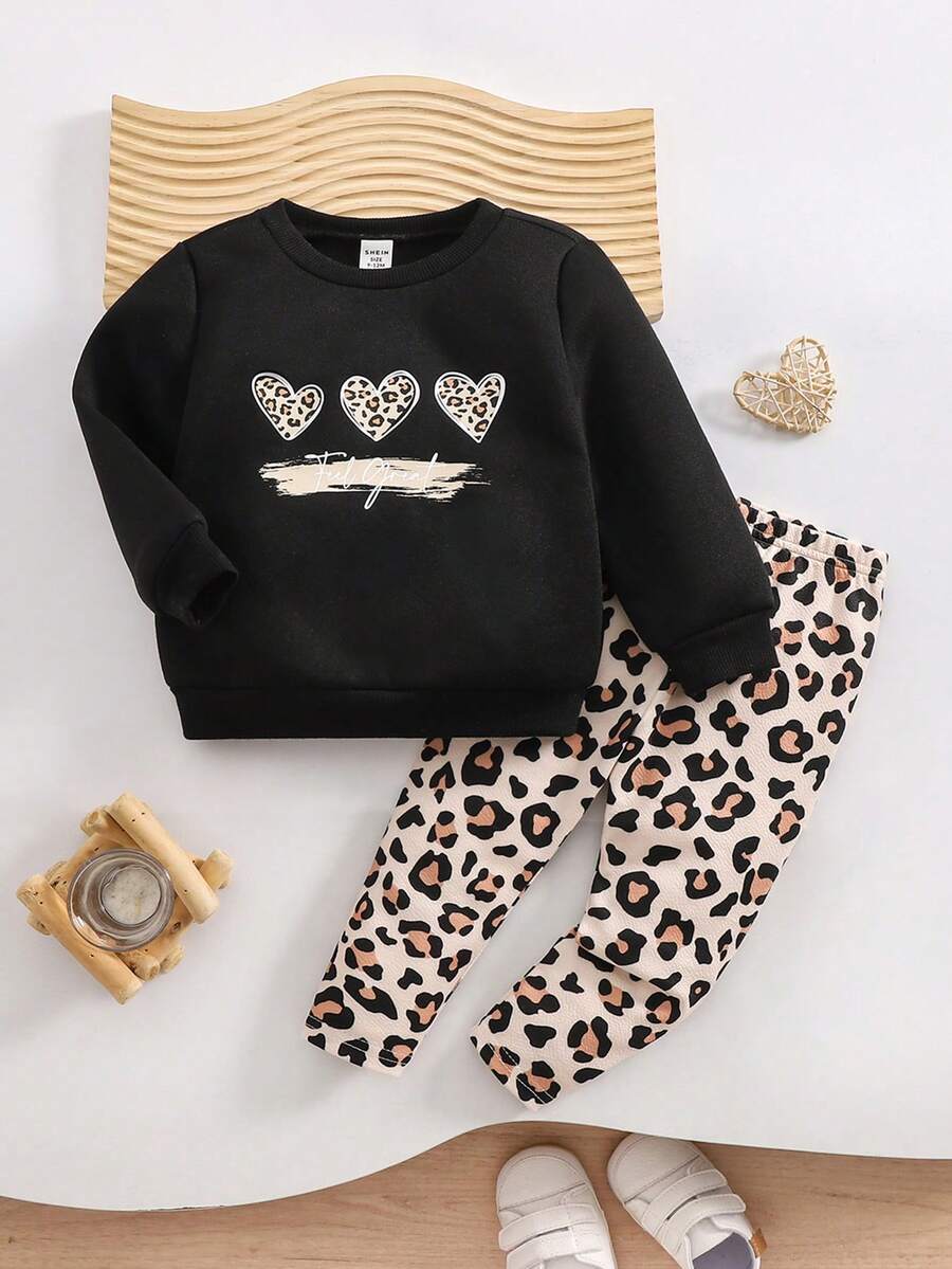 SHEIN Bộ 2 món áo nỉ dài tay in họa tiết hoạt hình cho bé gái và quần cạp chun họa tiết da báo, Thu/Đông - màu đen - Xem 1