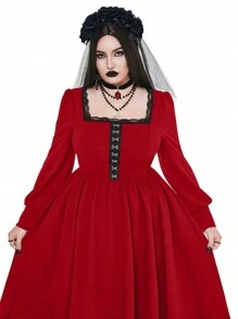 Whyspr Vestido largo de estilo vintage con mangas tipo globo, decoración de botones de metal y cintura alta, en estilo retro gótico/oscuro, medieval, barroco y palaciegos