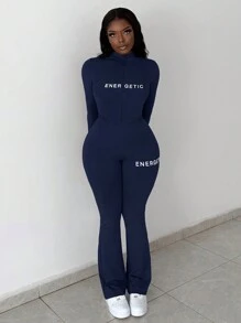 Slaydiva 2pcs Casual Basic High-Stretch Fitted Long Sleeve Zip-Up Letter Print Shirt & Pants Set For Women - Navy Blue - View 5