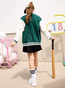 SHEIN Sweat-shirt en polaire confortable et chaud pour les adolescentes, design blocs de couleurs avec imprimé lettre, blouson de baseball, sweat-shirt sportif et mode universitaire - Militaire verte - Voir 2