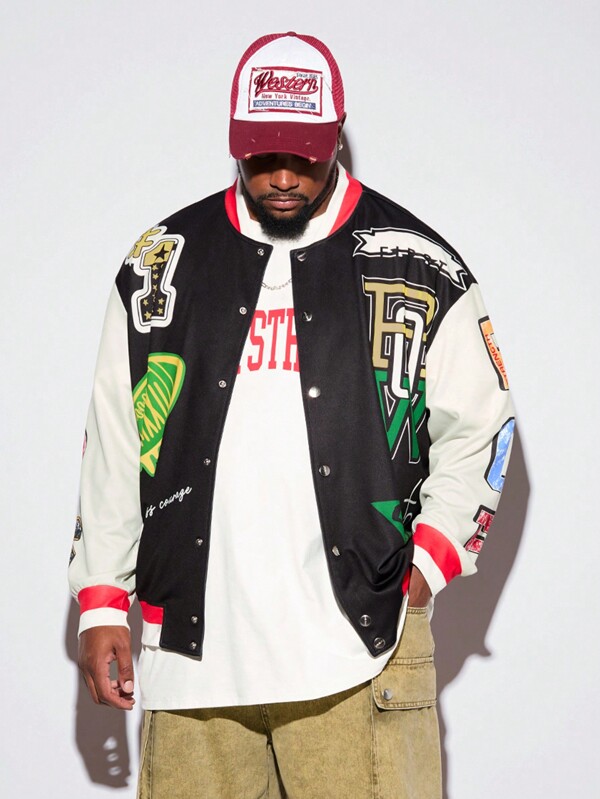 Manfinity NXTstreet Plus Size Men Street Graphic Letter & Football Print Woven Long Sleeve Jacket