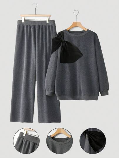 Calvaya 大码休闲宽松深灰色圆领运动衫，带 3D 蝴蝶结装饰和直腿羊毛裤两件套，保暖