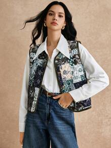 Poéselle Chaleco acolchado sin mangas con estampado vintage retro y efecto patchwork para mujer, chaleco acolchado sin mangas vintage, chaqueta acolchada corta, chaqueta acolchada, chaqueta corta de mujer, chaqueta de pana, chaqueta de mujer para otoño, ropa de mujer para otoño, chaqueta de invierno - Verde militar - Ver 3