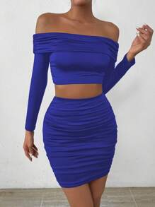 Zolique 2 件套女士露肩长袖短款 T 恤和褶皱下摆中长裙，秋季时尚装扮 - 寶藍色 - 查看 6