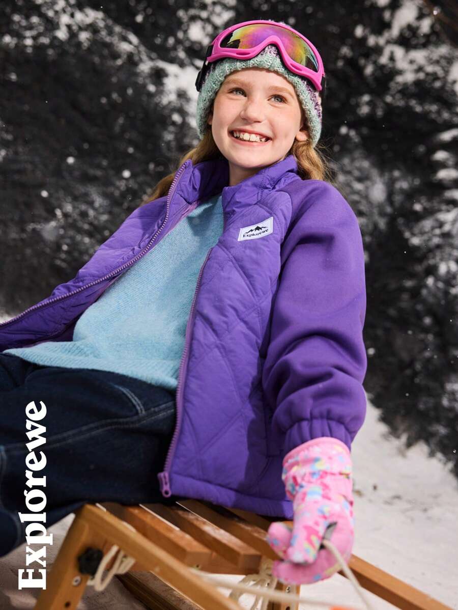 SHEIN 1 Peça Jaqueta Patchwork para Meninas Tween, Design de Gola Alta Confortável, Casaco Casual Unissex Quente, Adequado para Uso Externo, Uso Diário - Roxo - Visão 1