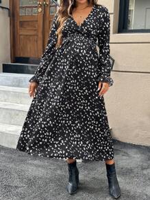 SHEIN Maternity Casual Ditsy Floral Long Sleeve Dress For Outgoing, For Outgoing, Autumn - Black - View 5