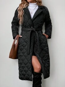 SHEIN LUNE Women Casual Solid Color Tie-Up Regular Fit Mid-Length Padded Coat, Suitable For Autumn/Winter Everyday Wear - Black - View 8