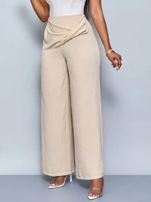 SOLERSUN Solid Twist Design Straight Leg Long Pants - Apricot - View 1