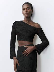 SHEIN Maija 1pc Women's Solid Color Oblique Shoulder Long Sleeve Short Casual Top, Minimalist For Everyday Wear - Black - View 6