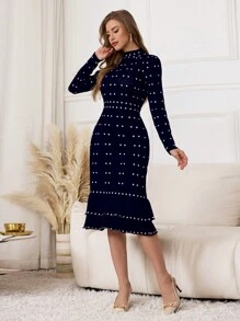 Modelyn Váy len thường ngày in họa tiết tay dài cổ đứng cho nữ - Xanh đậm - Xem 4