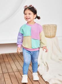 SHEIN 2pcs Baby Girl Contrast Color Long Sleeve Sweatshirt And Elastic Waist Pants Set, Autumn/Winter - Multicolor - View 4