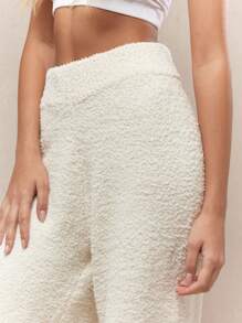 MISSGUIDED Cozy Fleece Wide Leg Lounge Pants Ultra Soft Sherpa Palazzo Winter Warm Trousers Plush Comfortable Casual Wear Indoor Fashion - Beige - View 3
