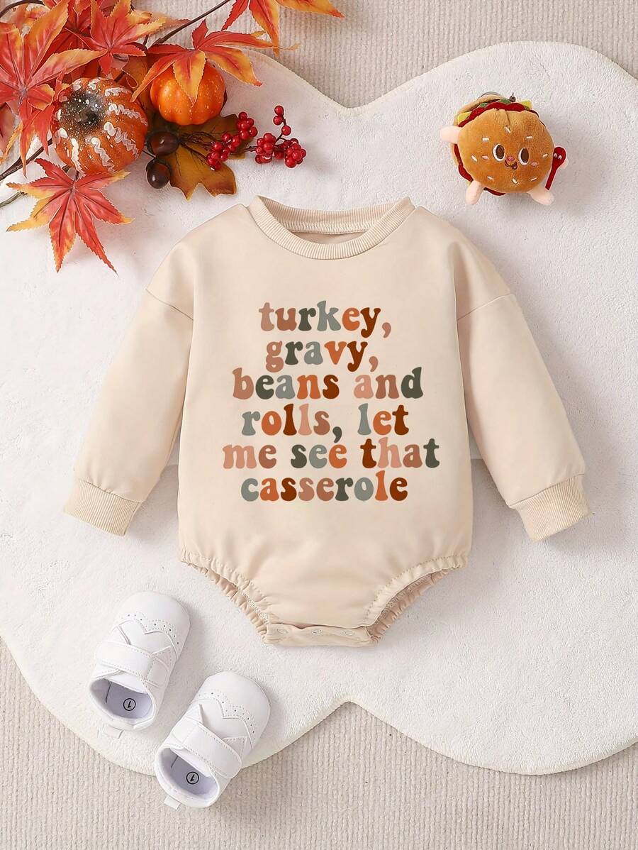 男婴休闲创意彩色字母标语图案长袖连体衣 - 米色 - 查看 1