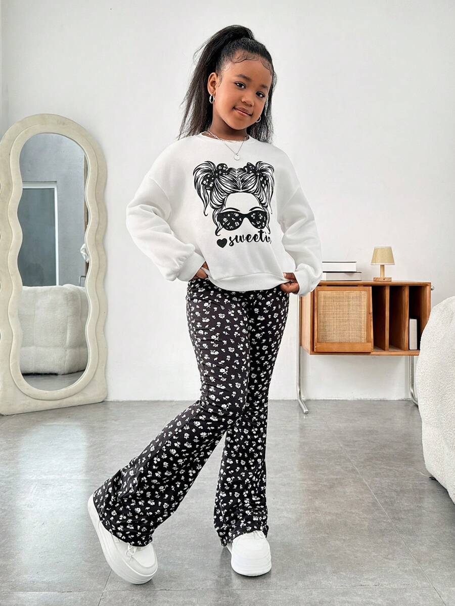 SHEIN Tween Girls Casual Knit Face & Floral Graphic Crewneck Sweatshirt And Flare Pants Set, For Home, Street, Comfortable - Black and White - View 1