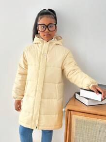 SHEIN Tween Girls Casual Hooded Mid-Length Thick Warm Jacket, Autumn/Winter - Pink - View 5
