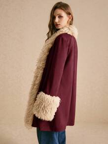 Poéselle 1pc Women Fuzzy Patchwork Colorblock Long Sleeve Open Front Casual Jacket, Autumn/Winter - Burgundy - View 6