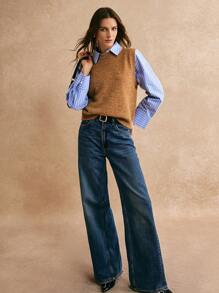 Poéselle 女士纯色圆领宽松休闲百搭针织背心，秋冬 - 卡其色 - 查看 6