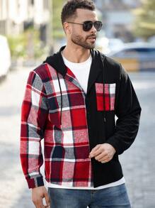 Manfinity Homme Plus Size Men Plaid Long Sleeve Hooded Corduroy Panel Shacket With Pockets, Autumn Fall