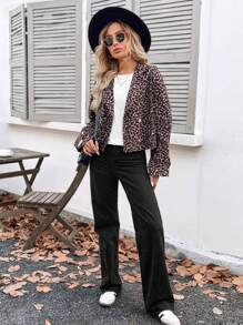 SHEIN LUNE Lässiger kurzer Trenchcoat für Damen im Militär-Stil mit Leopard Muster, geeignet für Flughafen, Büro, Lehrerin-Uniform im Winter - Braun - Übersicht 3
