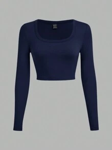 SHEIN EZwear 3 sztuki/opakowanie Casual U Neck Slim Fit Crop Long Sleeve T-shirts, odpowiednie na wiosnę i jesień - Wielokolorowe - Zobacz 6