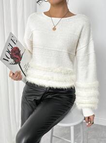 SHEIN LUNE Women Casual Solid Color Patchwork Fluffy Dropped Shoulder Loose Pullover Sweater