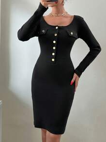 RueChic Casual And Chic Half Button Ribbed Knit Dress - Black - View 6