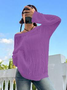 SHEIN Unity 女士休闲日常斜肩麻花针织宽松毛衣，秋冬