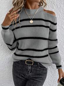 SHEIN LUNE Women Casual Stripe Open Shoulder Sweater, Suitable For Autumn/Winter Everyday Wear Knit Pullover Fall Outfit