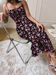 Pariaura 女士优雅系带前开襟碎花连衣裙 - 黑色 - 查看 1