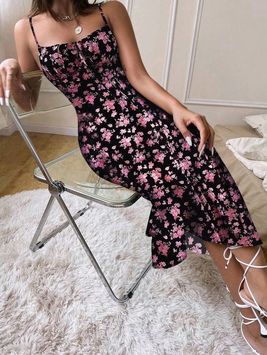 Pariaura 女士优雅系带前开襟碎花连衣裙 - 黑色 - 查看 1