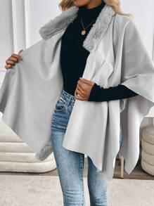 SHEIN Clasi Loose Sweater Coat With Fur Collar Cape Poncho