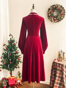 Vintamour Women's Vintage Elegant Christmas Party Contrast Ruffle Trim Stand Collar Long Sleeve Velvet Dress, Red Fall Winter Clothes Hollowed Costumes Thanksgiving Women Outfit Fall Clothes Princess Women Costume Long Women Skirts Christmas Women Dress Masquerade Ball Dress Elegant Women Dresses Winter Women Dress Concert Women Outfit