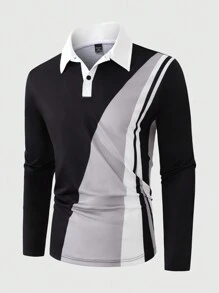 Manfinity Mode 男士加大码纯色拼布前扣长袖休闲 Polo 衫，适合外出 - 彩色 - 查看 7