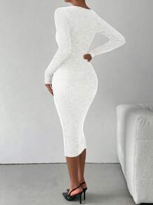 SHEIN Unity Women Casual Everyday Hollow Out Fitted Knit Sweater Dress, Autumn/Winter Fall Cloth For Women - White - View 2