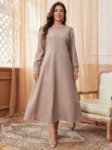 Al Najma 优雅圆领纯色加大码连衣裙长款女装 - 棕色 - 查看 3