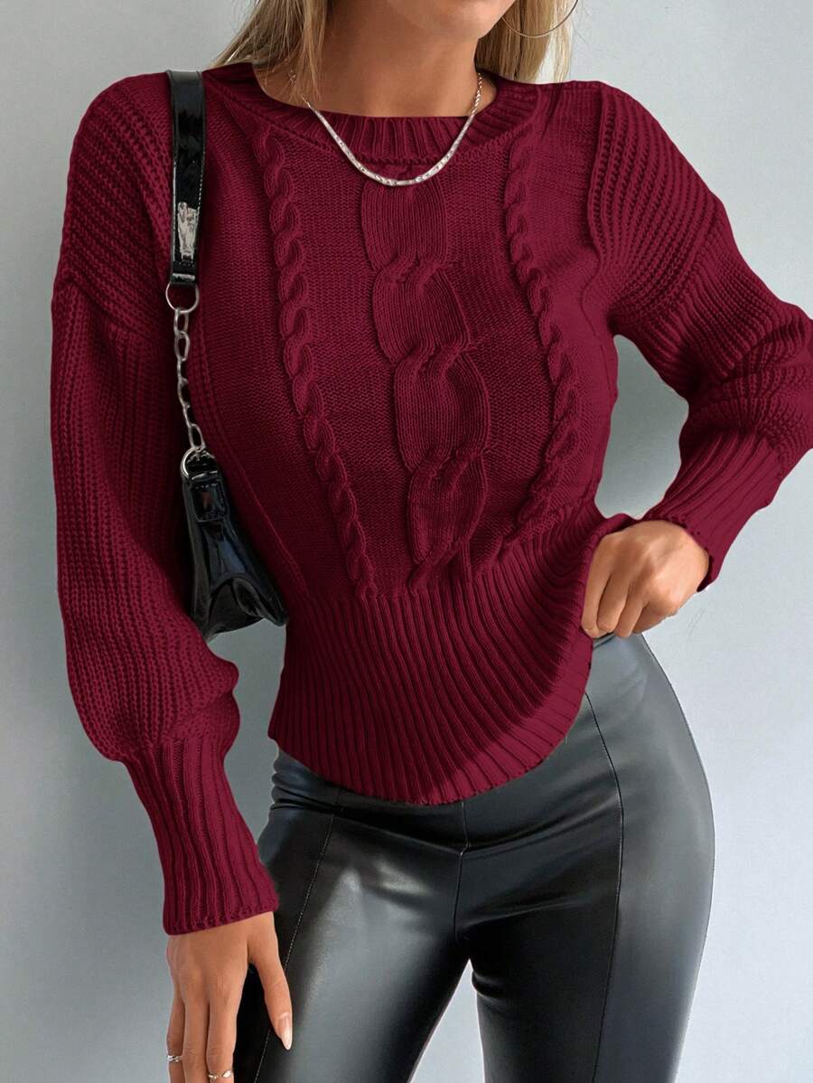 EURMUSE 女士纯色麻花图案长袖修身套头毛衣，秋冬款 - 酒紅色 - 查看 1