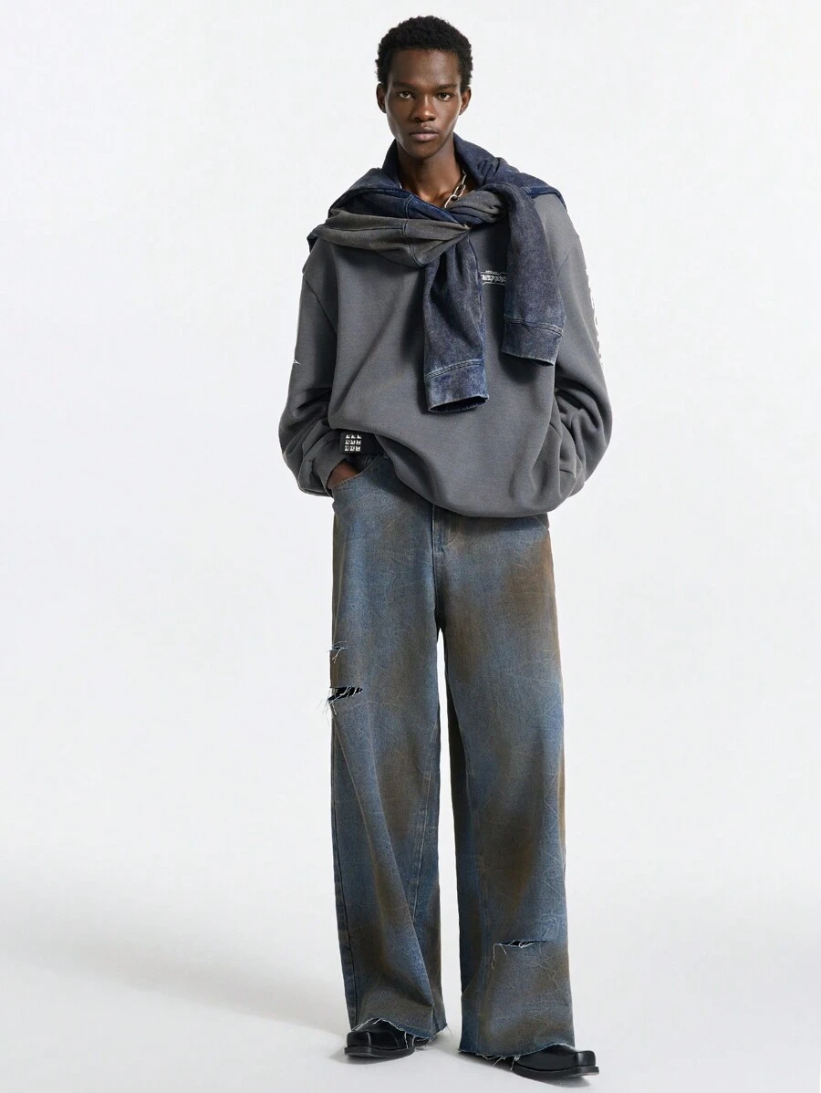 Manfinity VCAY Jeans en denim tissé déchiré de style de rue long pour homme, jeans longs et amples unis gris foncé lavés à l'acide, pour le mari, cadeaux pour le petit ami - Bleu azur - Voir 1