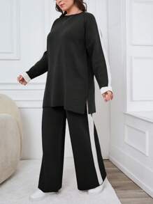EURMUSE Conjunto de dos piezas de suéter y pantalones de talla grande con mangas raglán, para invierno - Blanco y Negro - Ver 5