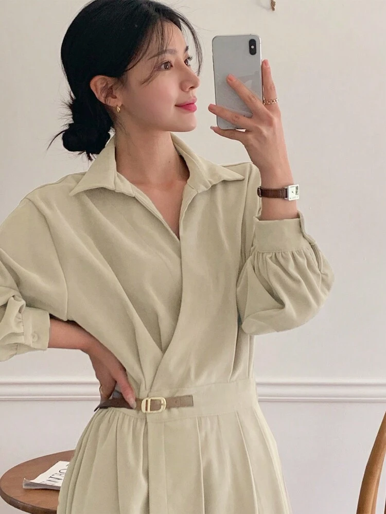 Women's Turn-Down Collar Mid-Length Waisted Midi Dress Shirt Dress
