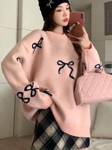 DAZY 女士宽松蝴蝶结圆领长袖毛衣，适合秋冬情人节、秋季女装 - 粉色 - 查看 8