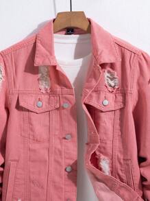 Manfinity Homme 1 件男士休闲街头时尚纯色破洞长袖牛仔夹克，秋季