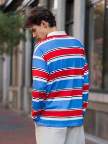 Manfinity VCAY Áo thun polo dài tay rộng rãi họa tiết sọc dệt kim thường ngày cho nam, mặc hàng ngày/trẻ trung - Nhiều màu - Xem 2