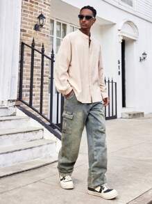 Áo sơ mi nam tay dài cài nút phía trước màu trơn cỡ lớn thường ngày - Màu be - Xem 5