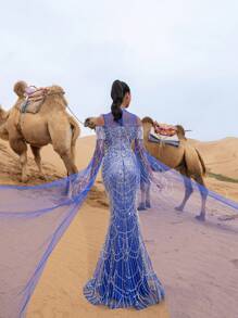 Faeriesty Đầm dạ hội và đầm dự tiệc cưới sang trọng, tay dài đính đá lấp lánh, đính cườm và kim sa. - Xanh đậm - Xem 3