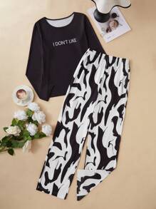 2pcs Slogan Print Casual Pullover Long Sleeve Pajama Set, Black White Color Block Print Pants - Black and White - View 2